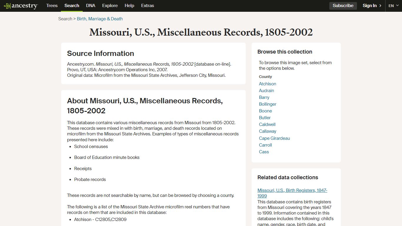 Missouri, U.S., Miscellaneous Records, 1805-2002