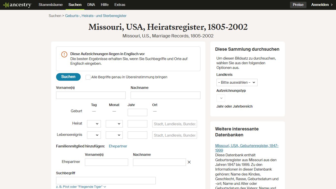 Missouri, USA, Heiratsregister, 1805-2002 - ancestry.de