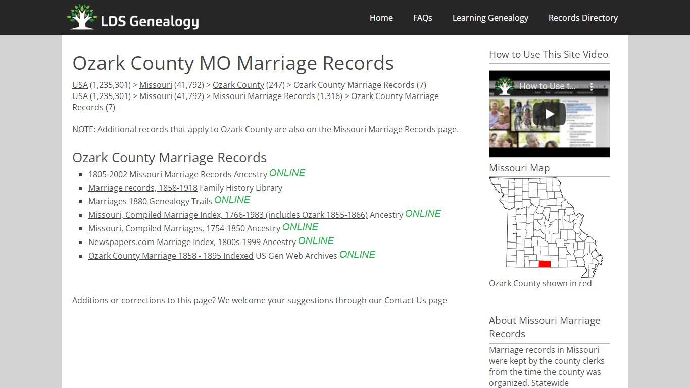 Ozark County MO Marriage Records - LDS Genealogy